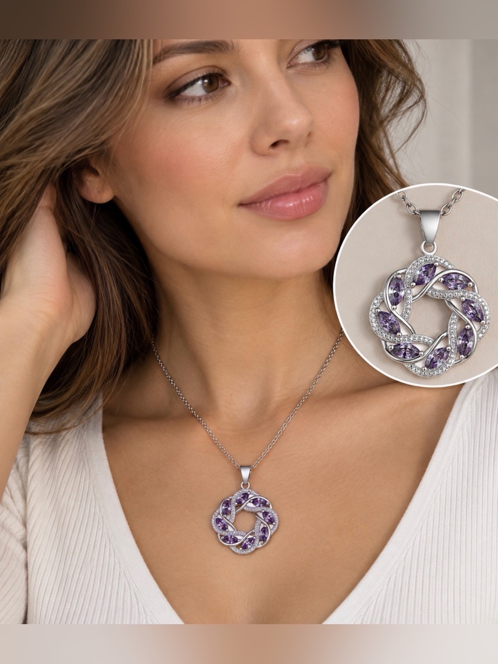 Purple Crystal Wreath Pendant Necklace Silver Tone Floral Statement Jewelry